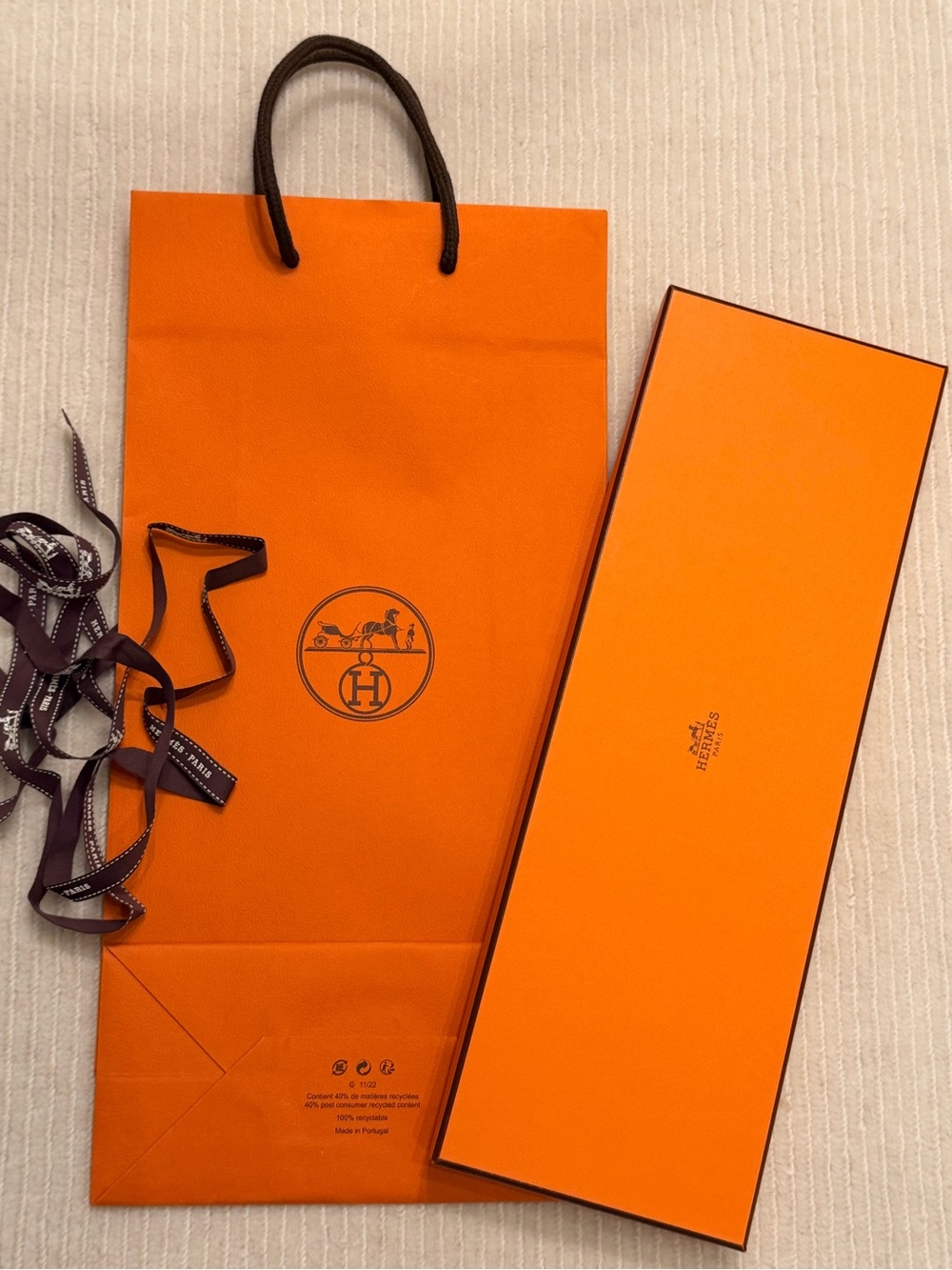 Authentic Hermes Long Gift Box Shopping Bag and Ribbon Set